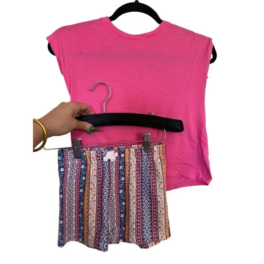 Children’s Place 2pc Outfit Girls Pink Tie Front Top with Floral Striped Shorts